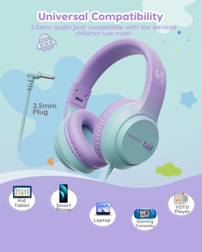 awatrue Kids Headphones, 74/85/94dB Volume Limiter, Foldable Wired Over Ear Headphones for Travel, 3.5mm Jack, Toddler Headphones for School, Chromebook, iPad, Tablet, Purple Green - color: ‌Purple-Green