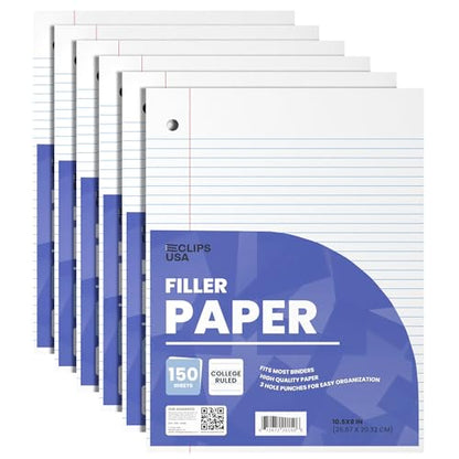 Loose Leaf Paper College Ruled Notebook Paper College Ruled Lined Writing Filler Paper 10.5” x 8” 900 Sheets 150 Sheets Per Pack 60 gsm (6 Pack) - size: 6 Pack