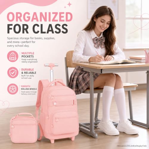 3Pcs Large Rolling Backpack for Teen Girls Women, 20 Inch Detachable Wheeled Bookbag with Lunch Box, Durable Oxford Cloth Roller Backpack for College School Travel (Pink) - color: Large Wheels Classic Pink