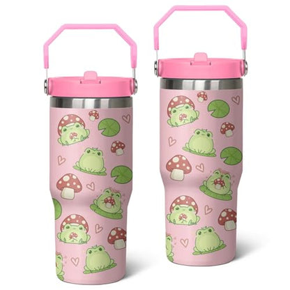 Queen Hero 30 oz Frog Tumbler with Handle, Large Insulated Tumbler with Flip & Straw Coffee Mug Cup Stainless Steel Gifts for Women Men Youth - color: Green Pink