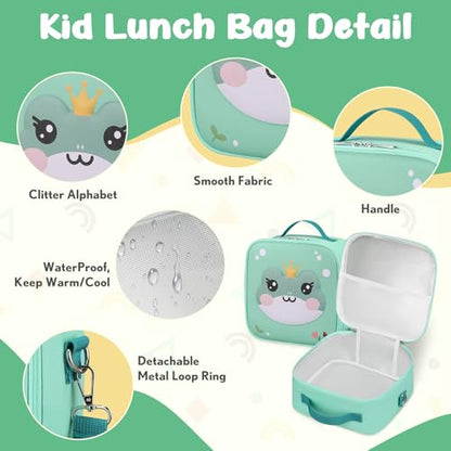 Kids Bento Box - 4 Compartment, Leak-Proof, with Soup Thermo | 9oz Soup Thermo Included, Insulated Lunch Bag, For Boys & Girls, School & Travel - color: Frog-Blue