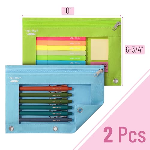 Mr. Pen- Pencil Pouch for 3 Ring Binder, 2 Pack, 10"x6.75", Smooth Zipper | Clear Window, Large Capacity Pencil Case with 3 Reinforced Grommets for School, Office, Supplies Storage | Clear Window, Large Capacity Pencil Case with 3 Reinforced Grommets for