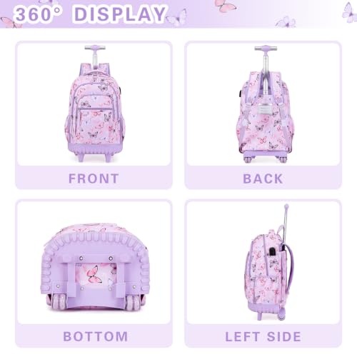 DIGOBAY Rolling Backpack for Girls, Cute Girls Backpack with Wheels, Kids Wheeled backpacks Set with Lunch Bag Pencil Case for Teen Girl, Roller School Bag with Wheels for Elementary Middle School - color: Butterfly