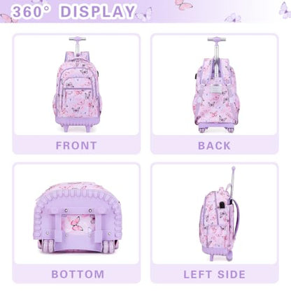 DIGOBAY Rolling Backpack for Girls, Cute Girls Backpack with Wheels, Kids Wheeled backpacks Set with Lunch Bag Pencil Case for Teen Girl, Roller School Bag with Wheels for Elementary Middle School - color: Butterfly