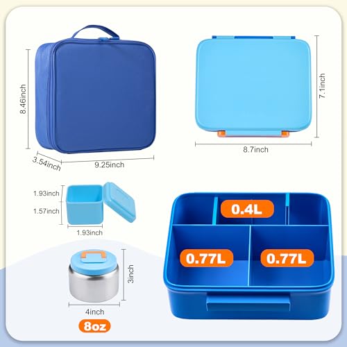 Bento Lunch Box for Kids with Thermo, Leakproof Bento Box with 8oz Insulated Food Jar, Lunch Bag, BPA Free Dishwasher Safe 4 Compartment Container for School Girls Boys (Blue) - color: Blue1