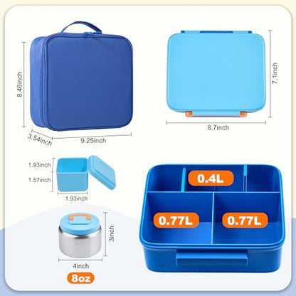 Bento Lunch Box for Kids with Thermo, Leakproof Bento Box with 8oz Insulated Food Jar, Lunch Bag, BPA Free Dishwasher Safe 4 Compartment Container for School Girls Boys (Blue) - color: Blue1