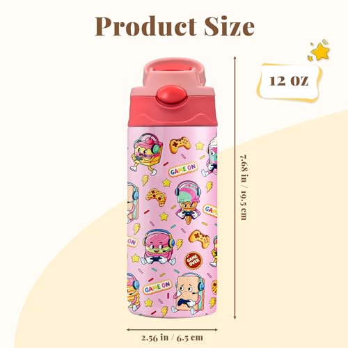 12oz Kids Tumbler with Straw, Water Bottle for Girls, Pink Insulated Cup with Lid, Leak-Proof Stainless Steel Travel Cup, Donut Pattern Gift for Girls (Sweet Donut) - color: Sweet Donut