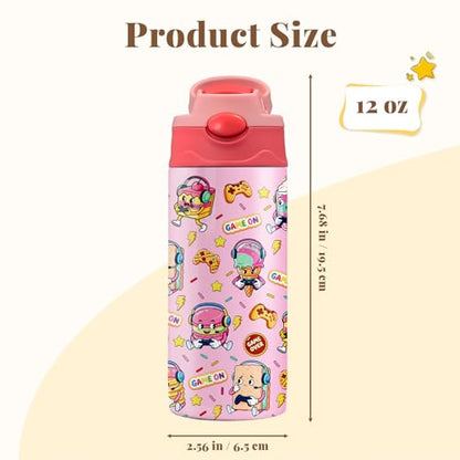 12oz Kids Tumbler with Straw, Water Bottle for Girls, Pink Insulated Cup with Lid, Leak-Proof Stainless Steel Travel Cup, Donut Pattern Gift for Girls (Sweet Donut) - color: Sweet Donut