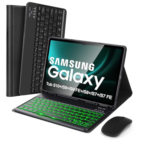 SOPPY Backlit Keyboard Case with Mouse for Samsung Galaxy Tab S10+/S9 FE+/S9+/S8+/S7+/S7 FE 12.4", US Layout, Cover with Detachable Keyboard for Galaxy Tab 12.4 Inch, Built in S Pen Holder, Black - color: Black, size: Samsung Galaxy Tab 12.4“