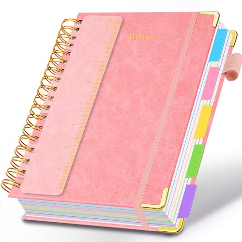 Hardcover Spiral Notebook 6.2"x 8.2" Journal Notebook with Tabs and Removable Dividers 300 Pages 5 Subject Notebook College Ruled, Faux Leather Spiral Bound Notebook for Women School Work (Pink) - color: Pink, size: 6.2"x8.2"(A5)