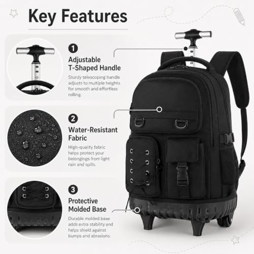 KLFVB Rolling School Backpack for Girls, 3PCS Roller Bookbag with Lunch Bag for Kids, Wheeled Bag for Teen - Black Ribbon Bow - color: Black Ribbon Bow Rolling Backpack