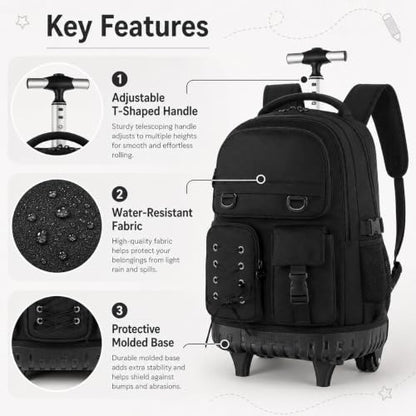 KLFVB Rolling School Backpack for Girls, 3PCS Roller Bookbag with Lunch Bag for Kids, Wheeled Bag for Teen - Black Ribbon Bow - color: Black Ribbon Bow Rolling Backpack