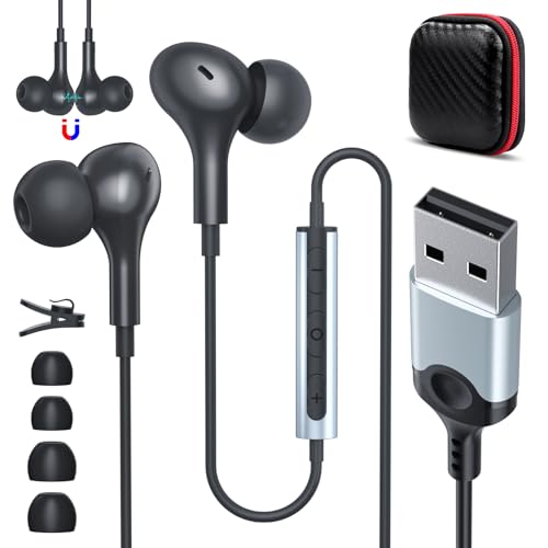 USB Earbuds with Microphone for PC 7.5 Ft Cable, USBA Headphones for Computer, Wired USB-A Headsets with Mic in-Line Stereo Noise Isolating Call Cord Laptop Earphones for Dell Surface Switch, Black - color: Black