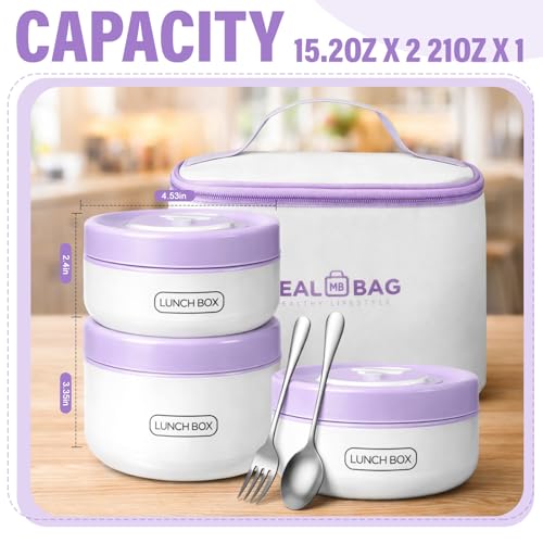 Dandat 4 Pcs Insulated Lunch Container, Portable Bento Box, Stainless Steel Lunch Box, Round Stackable Leakproof Thermal Food Container for Adult Men Women with Insulated Bag, 74 oz(Purple) - color: Purple