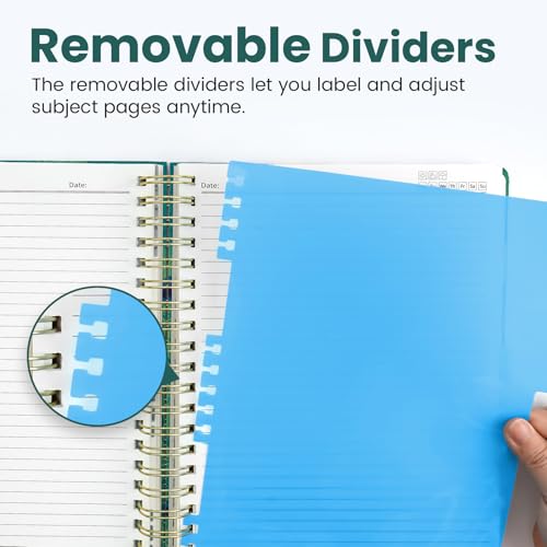 Large Spiral Lined Notebook for Work with Dividers & Tabs, 8.5"x11" Hardcover 5 Subject Notebook, College Ruled, 280 Pages, Emerald Peacock - color: O - Emerald Peacock