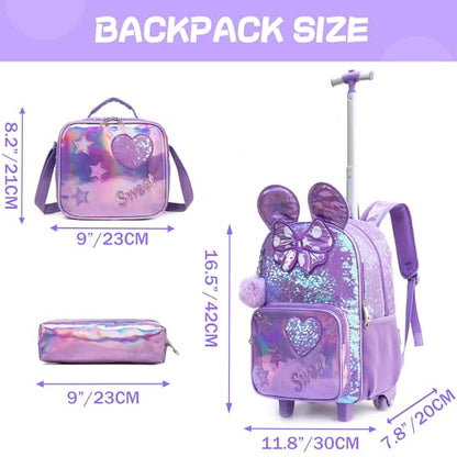 Cute Kids Rolling Backpack for Girls Backpack for School Roller Bookbags with Wheels Travel Students Bags,Purple Schoolbags - color: Purple