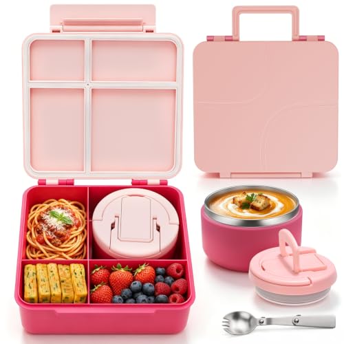 MAXSO Bento Lunch Box Set for Kids with 8 oz Soup Thermo, Leakproof Hot Food Container with 4 Compartments, Insulated Food Jar for Toddler Daycare Boys Girls School - Pink - color: Pink
