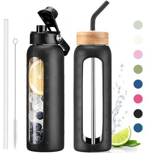 32 oz Glass Water Bottle with Straw – 2 Lids (Bamboo & Spout Lid), 1L Motivational Borosilicate Glass Daily Water Intake Bottle with Time Marker, Silicone Sleeve for Home Office-Black - color: Black, size: 32 Ounces