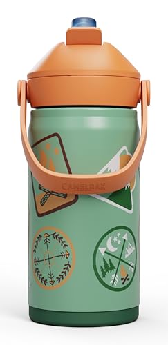 CamelBak Thrive Flip Straw Kids Bite Valve Stainless Steel Water Bottle Camp Badges, 12oz - color: Camp Badges