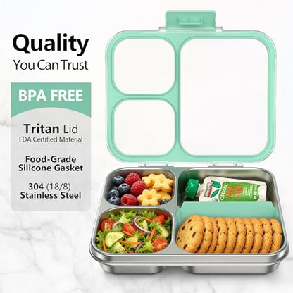 HOMEKOL Stainless Steel Bento Lunch Box 3-Compartment, 4.2Cups, Green | Leak-Proof Metal Lunch Container for Kids & Adults, BPA-Free, Dishwasher Safe, Clear Tritan Lid, 1000ml (Not Insulated) - color: Green, size: 34oz (1000ml)