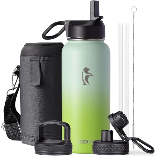 Water Bottle 32 oz Insulated with Straw, Coolflask Stainless Steel Metal 3 Lids Water Flask Wide Mouth for Sports or Office, Non-BPA Keep Cold Up to 48 Hrs or Hot Up to 24 Hrs, Ombre Green - color: Ombre Green, size: 32 Ounces