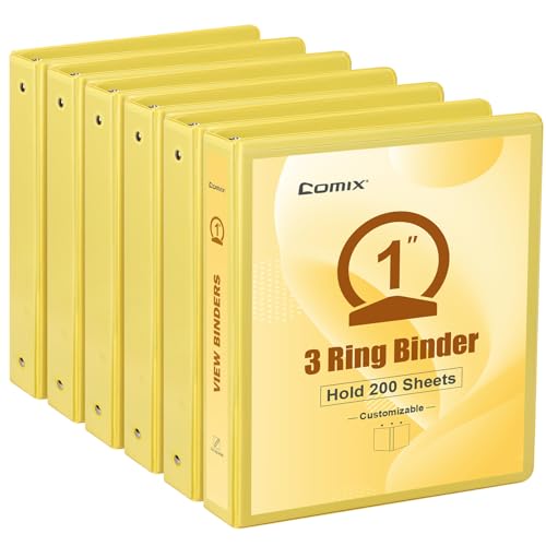 COMIX Standard 3 Ring Binder 1 inch with Clear View Cover, 1" Round Ring View Binder Holds 200 Sheets of US Letter Size Paper, 6 Pack (Lemon Yellow) - color: Lemon Yellow, size: 1 inch