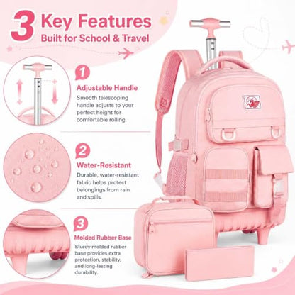 WZLVO Rolling Backpack for Girls Women, 21 inch Water Resistant Roller Wheels Backpacks, Wheeled Bookbag with Lunch Bag for Teen Elementary School Travel - Pink - color: Pink
