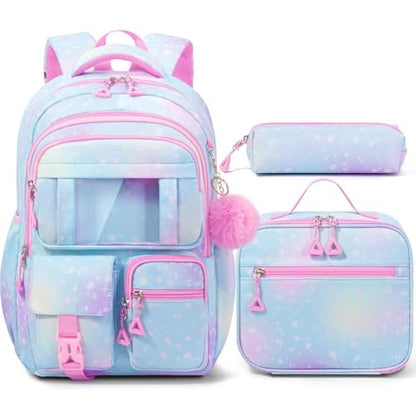 Fimibuke Kids Backpack for School Girls, 3Pcs Waterproof Girls Backpack with Lunch Box & Pencil Pouch - Lightweight Blue Bookbag for Ages 6+ Elementary Middle School Teens - color: A3.Clear Sky Blue