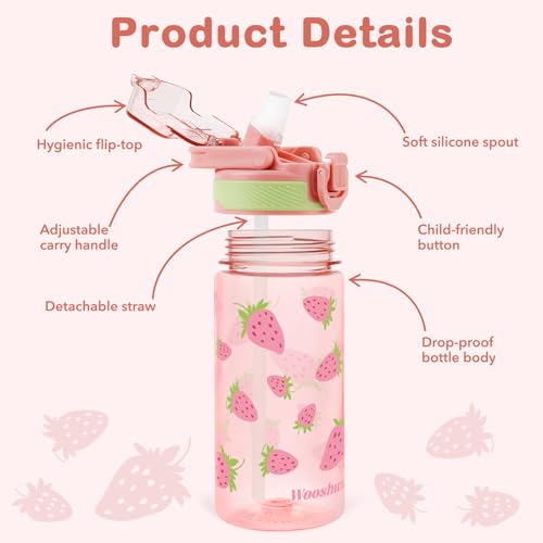 Kids Water Bottle for School, 16 Oz Plastic Straw Water Bottle with Silicone Spout and Leakproof Cover, Dishwasher Safe (Strawberry) - color: Strawberry, size: 16 Ounces