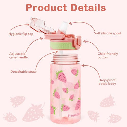 Kids Water Bottle for School, 16 Oz Plastic Straw Water Bottle with Silicone Spout and Leakproof Cover, Dishwasher Safe (Strawberry) - color: Strawberry, size: 16 Ounces