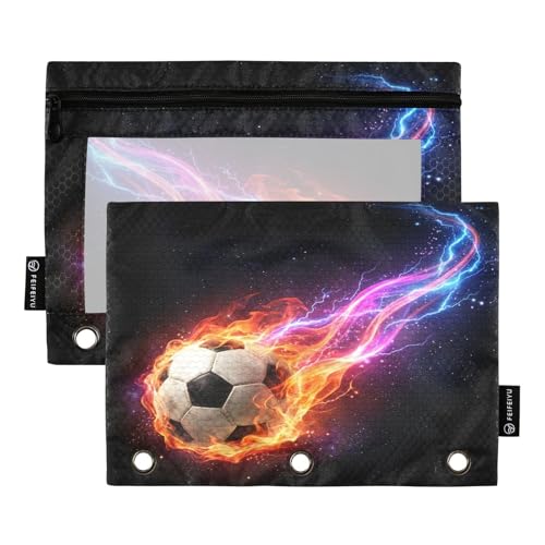 Soccer Ball Fire Pencil Pouch for 3 Ring Binder 2 Pcs Pockets Pencil Pouches Bag with Clear Pencil Case Cosmetic Bag for Office Daily School Supplies - color: Soccer Ball Fire