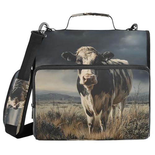3 Ring Zipper Binder Retro Milk Cow Binders Bag with Shoulder Strap 500 Sheets Paper Organizer Trapper Keeper Documents Storage File Folder for School Office - color: A2849