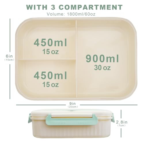 Bento Box for Adults, 1800 ML Bento Lunch Box for Kids Girls Boys with Spoon & Fork, 3-Compartment Lunch Containers, Microwave & Dishwasher Safe, BPA-Free and Food-Safe Materials(Light Green) - color: Light Green