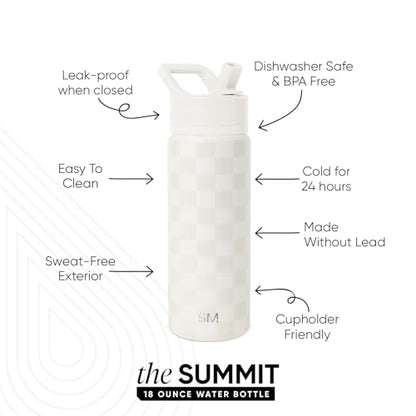 Simple Modern Kids Water Bottle with Straw Lid | Vacuum Insulated Stainless Steel Metal | Reusable Leak Proof BPA-Free Thermos for School | Summit Collection | 18oz, Cream Checkmate - color: Pattern: Cream Checkmate, style: 18oz
