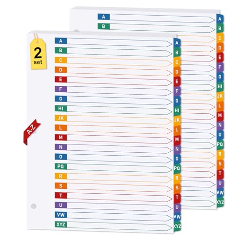 2 Sets A-Z Alphabet Dividers for 3 Ring Binder Notebook, 20-Tab 8.5 x 11 in | White Paper and Multicolor Preprinted Tabs Page Dividers for Organizing Documents Files at Office, School, Home