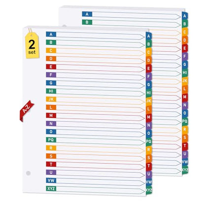 2 Sets A-Z Alphabet Dividers for 3 Ring Binder Notebook, 20-Tab 8.5 x 11 in | White Paper and Multicolor Preprinted Tabs Page Dividers for Organizing Documents Files at Office, School, Home