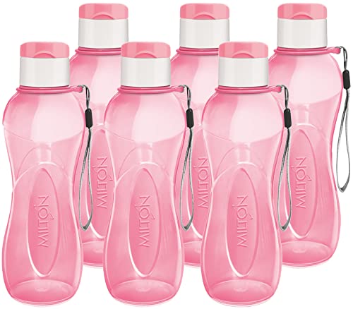 MILTON Water Bottle Kids Reusable Leakproof 12 Oz Plastic Wide Mouth Large Big Drink Bottle BPA & Leak Free with Handle Strap Carrier for Cycling Camping Hiking Gym Yoga - color: Pink 6 pack