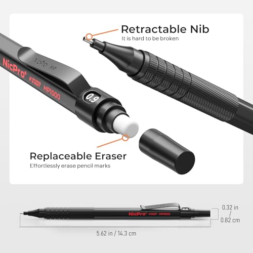 Nicpro 0.9 Metal Mechanical Pencil Set with Case, 3PCS Black MP1000 0.9mm Drafting Pencil, 8 Tubes HB Lead Refills, 3PCS Erasers, Erasers Refills for Artist Writing, Drawing, Sketching - color: Black, style: 0.9 MM