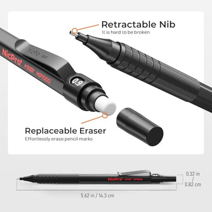 Nicpro 0.9 Metal Mechanical Pencil Set with Case, 3PCS Black MP1000 0.9mm Drafting Pencil, 8 Tubes HB Lead Refills, 3PCS Erasers, Erasers Refills for Artist Writing, Drawing, Sketching | 3PCS MP1000 0.9mm Drafting Pencil, 320PCS HB Lead Refills, 3PCS Eras