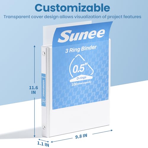 SUNEE 3 Ring Binder, 1/2 Inch D Ring, Clear View PVC-Free (Fit 8.5x11 Inches), White, 1 Pack - color: White, size: 0.5 Inch, style: 1 Pack