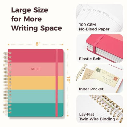 Hardcover Spiral Notebook Journal for Women & Men, Cute 5 Subject Notebook College Ruled for School & Work, Journaling Notebooks with Removable Dividers Tabs, 8" x 10", 300 Pages, Happy Stripes - color: Happy Stripes