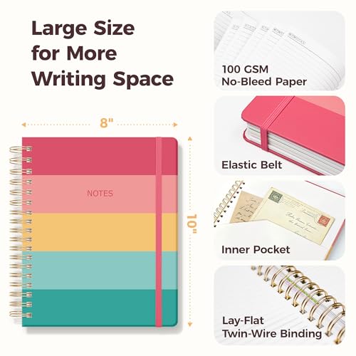 Hardcover Spiral Notebook Journal for Women & Men, Cute 5 Subject Notebook College Ruled for School & Work, Journaling Notebooks with Removable Dividers Tabs, 8" x 10", 300 Pages, Happy Stripes - color: Happy Stripes