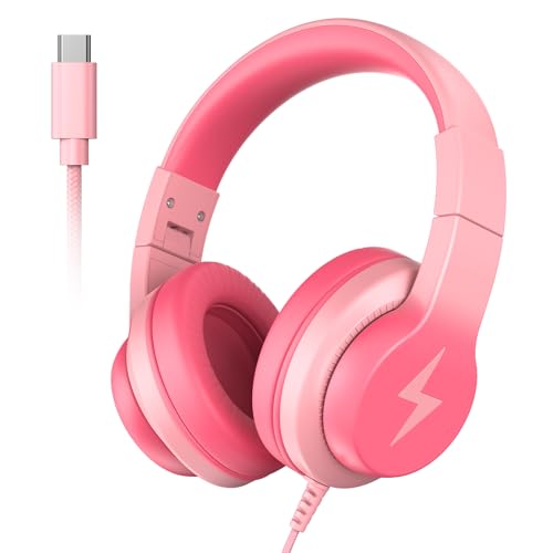 Candy Bila USB C Kids Headphones for School, 85dB Volume Limited, Wired Over-Ear Headphones for Kids, Adjustable Headband, Foldable Design for Travel, iPad, Tablet, Chromebook, Gradient Light Pink - color: Gradient Light Pink