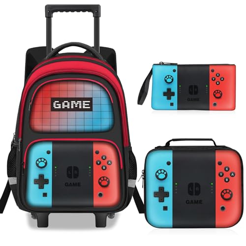 Kids Rolling Backpack for Boys - 3PCS Gamer Boys Rolling Backpack with Lunch Bag Set,Multifunctional Wheeled Bookbag for Travel,Roller School Bag for Elementary Middle School Aged 6-18