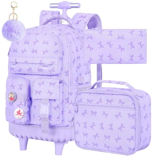 CCJPX Rolling Backpack for Girls, 3Pcs Roller Wheeled School Bookbag, Bow Wheels Backpacks with Lunch Box for Kids (Purple) - color: Bow Purple