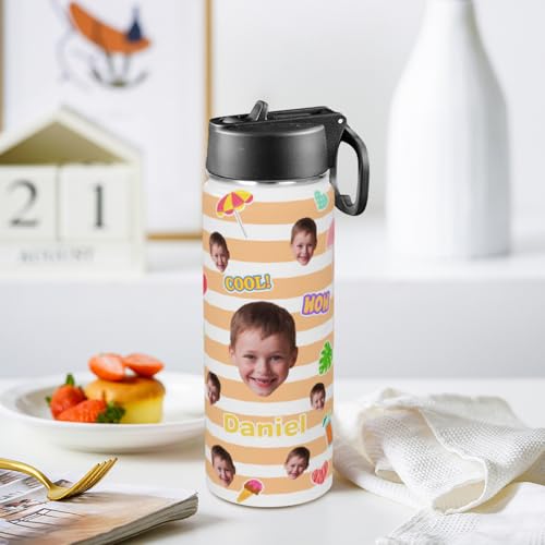 Personalized Kids Water Bottle with Face, Custom Stainless Steel Insulated Sport Water Bottle for School, Back to School Gifts for Boy Girl, Insulated Tumbler with Straw Lid Handle, 18 OZ - color: # design 03 pic
