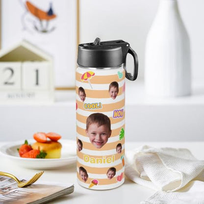 Personalized Kids Water Bottle with Face, Custom Stainless Steel Insulated Sport Water Bottle for School, Back to School Gifts for Boy Girl, Insulated Tumbler with Straw Lid Handle, 18 OZ - color: # design 03 pic