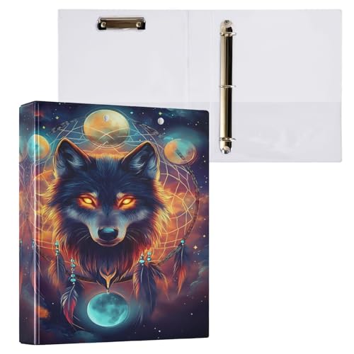 ALAZA 3 Ring Binder Dreamcatcher Wolf Clipboard Round Ring Binder Holds 1.5 Inch Three Binders Heavy Duty Binders for Office Supplies, 1Pack - color: Multicolored 37