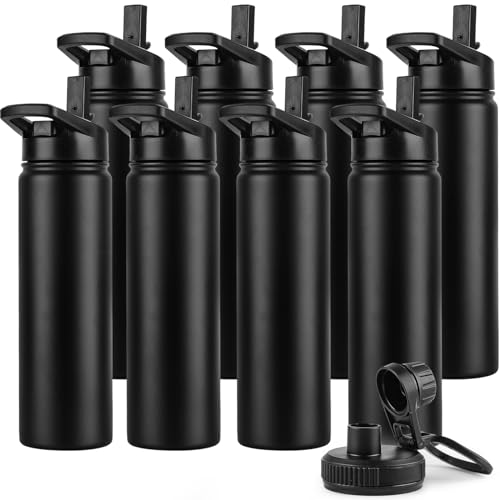 DOMICARE Insulated Water Bottle, 22 oz Vacuum Insulated Stainless Steel Reusable Sports Bottle with Straw Lid & Spout Lid for Travel, Camping, Bike, Leakproof, Black, 8 Pack - color: Black, size: 22oz/8 Pack