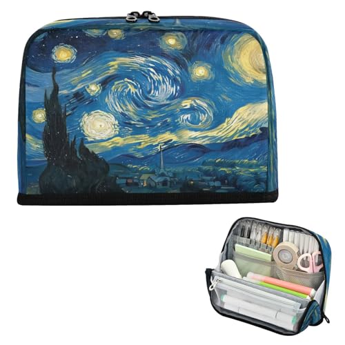 The Starry Night Art Pencil Case Organizer, Large Capacity Stand-Up Pen Pouch with 3 Compartments, Foldable Makeup Bag for School Office Travel Supplies, 8.3 x 5.9 Inch - color: Starry Night